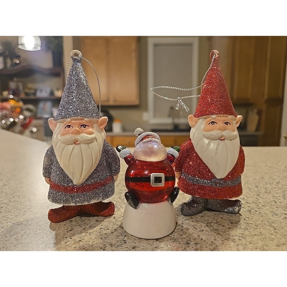 Midwest C B K Snow Globe Santa Lighted Glitter & 2 GNOME Elf Ornaments Trd Gray